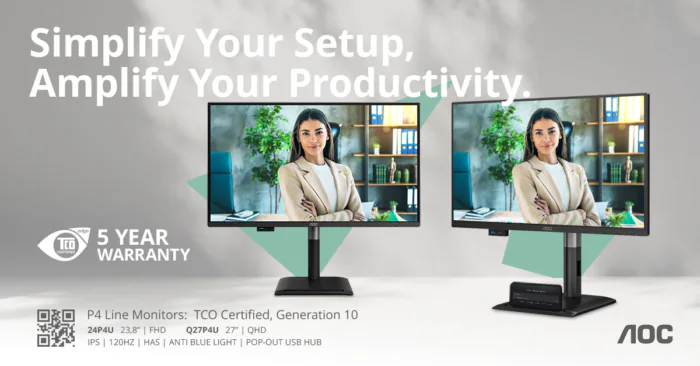 AOC P4 – monitory biznesowe  z wysuwanym hubem USB, odświeżaniem  120 Hz i 5-letnią gwarancją