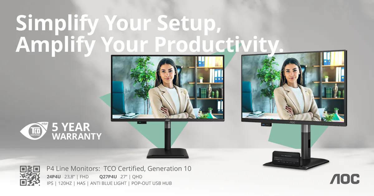 AOC P4 – monitory biznesowe z wysuwanym hubem USB, odświeżaniem 120 Hz i 5-letnią gwarancją